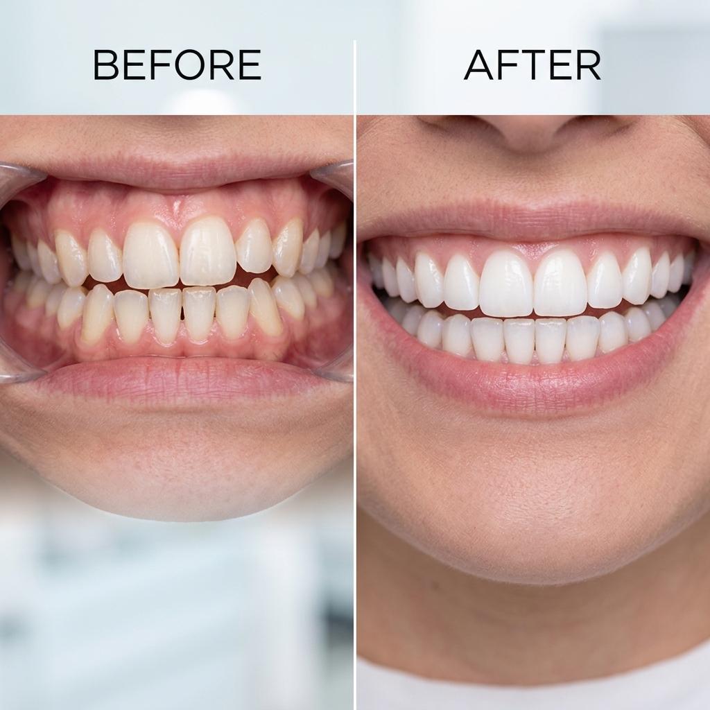 Before and after Invisalign treatment transformation at BrightSmile Dental Studio