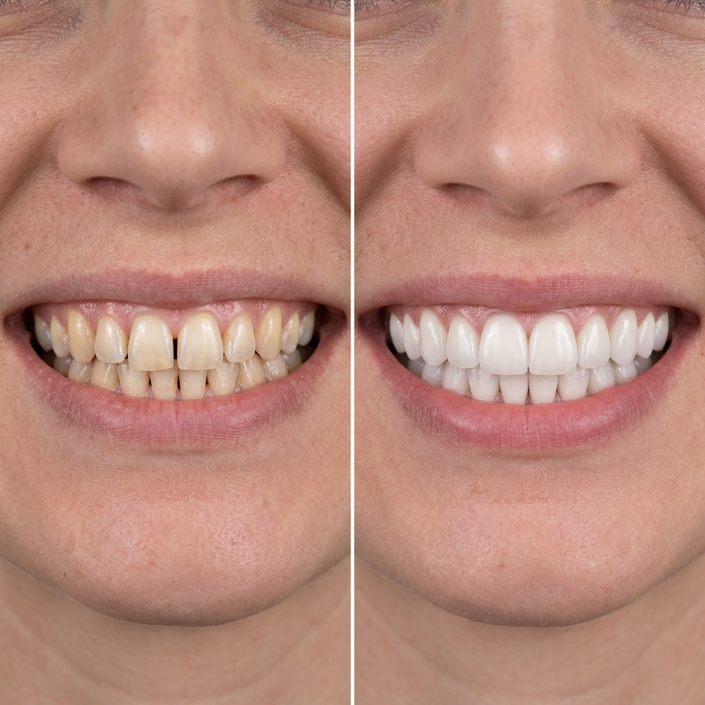 Before and after teeth whitening transformation at BrightSmile Dental Studio
