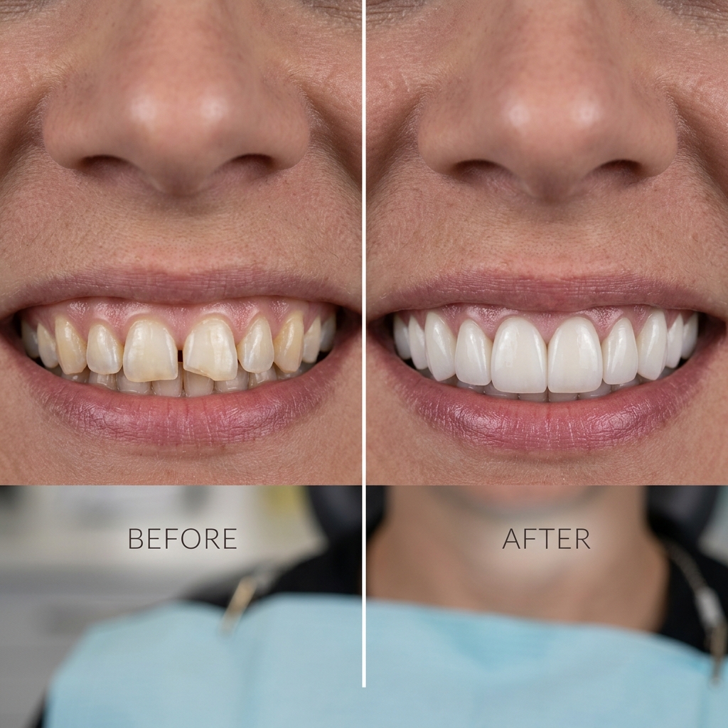 Before and after porcelain veneers transformation at BrightSmile Dental Studio