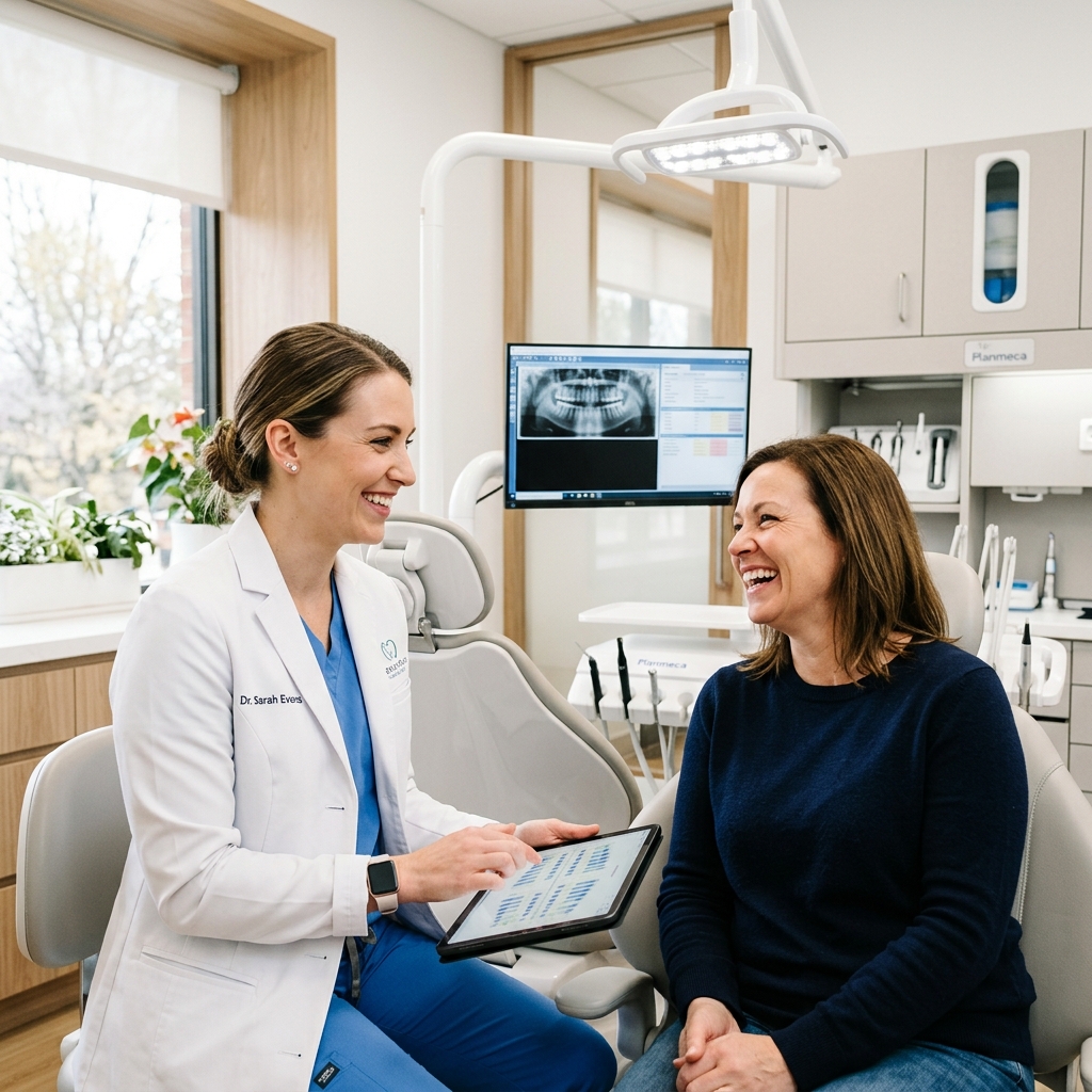 Friendly dentist consulting with a happy patient at BrightSmile Dental Studio in Austin, TX